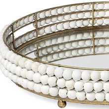 Gold Metal With Wooden Bead Frame And Mirrored Glass Bottom Round Tray 21