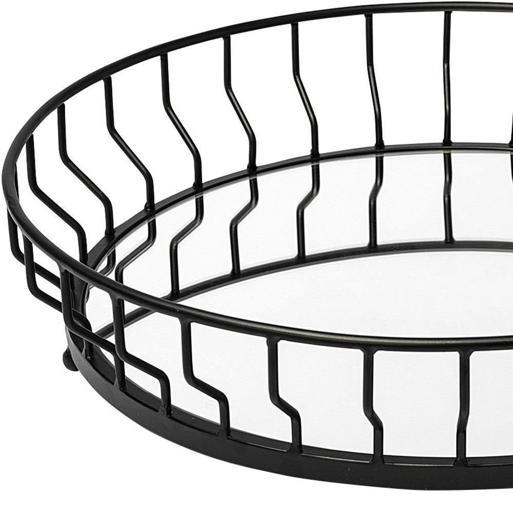 Matte Black Wavy Metal With Mirrored Glass Bottom Round Tray 20"