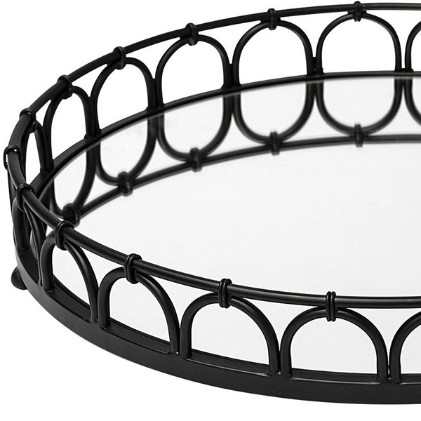 Matte Black Metal Half Circles And Mirrored Glass Round Tray 20"
