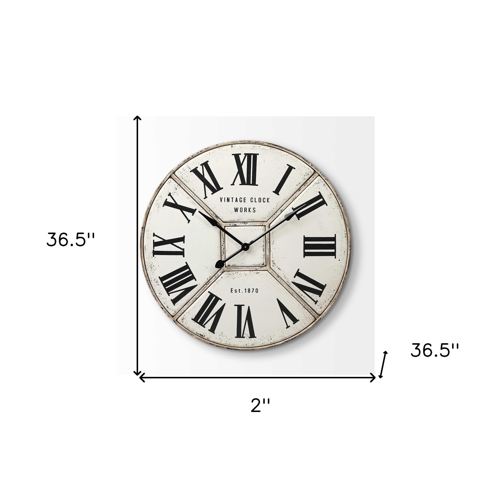 Round Industrial Style Wall Clock With Rustic White Toned Face 36.5"