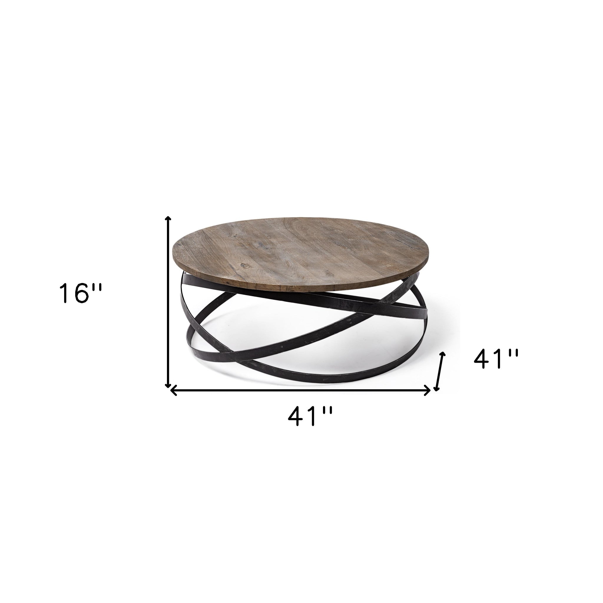 Mesa de centro redonda de madera maciza con base de metal negro de 40.5"