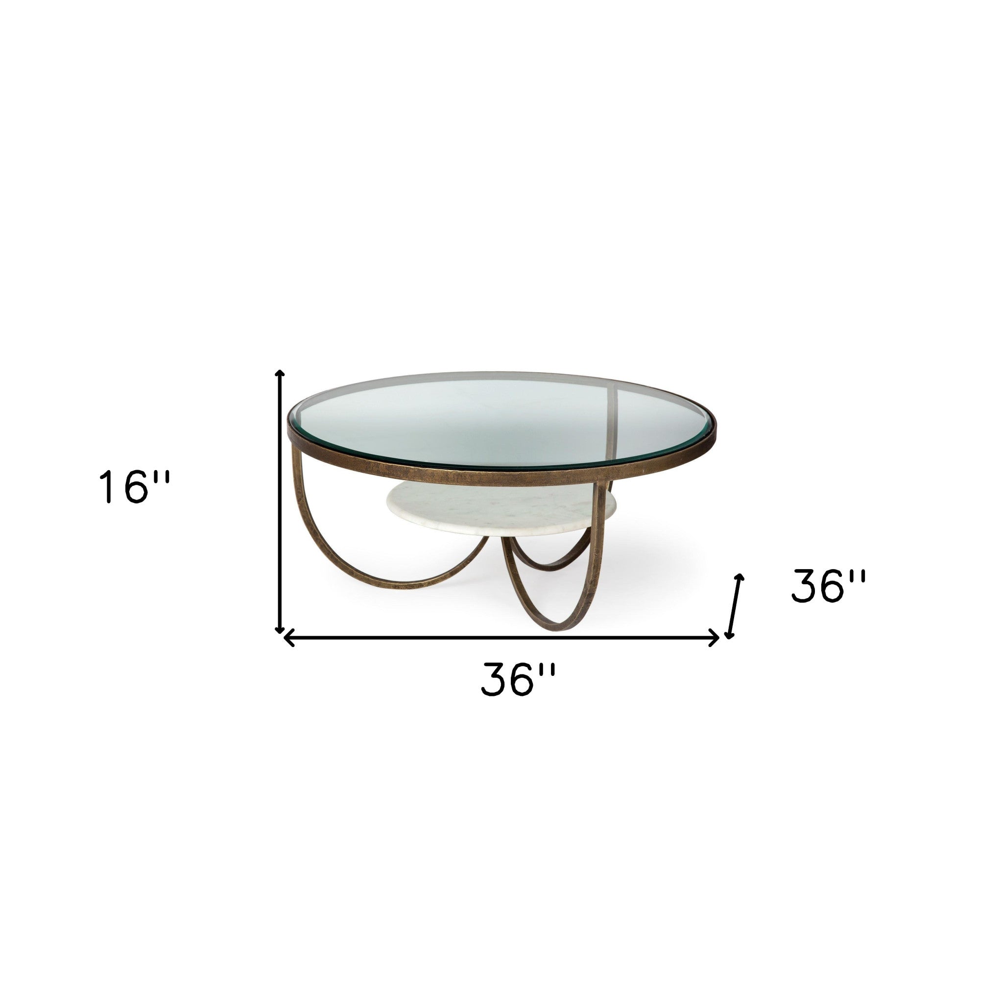 36" Round Glass Top Marble Shelf Gold Base Coffee Table