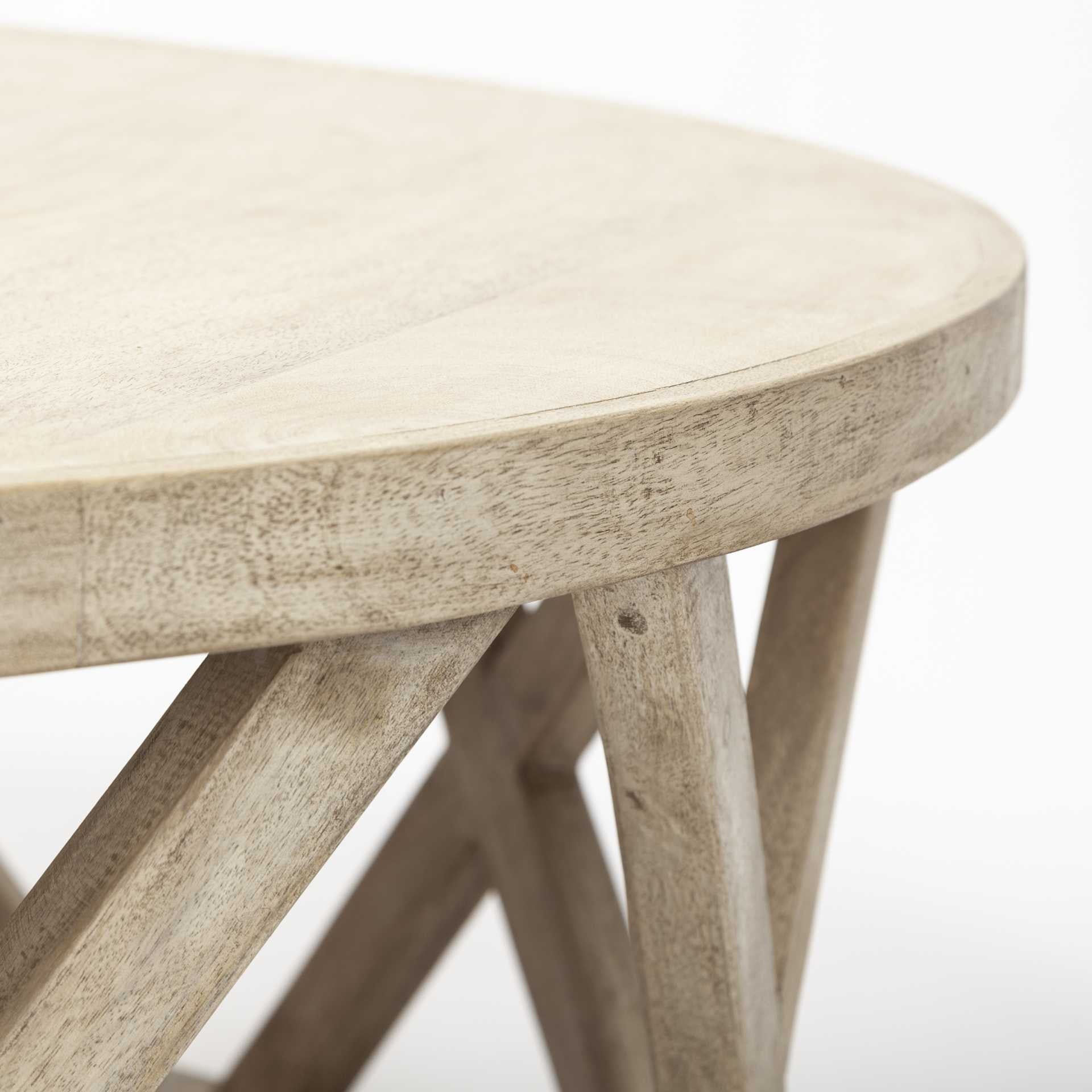 Mesa de centro redonda blanca con parte superior y base de madera maciza de 46"