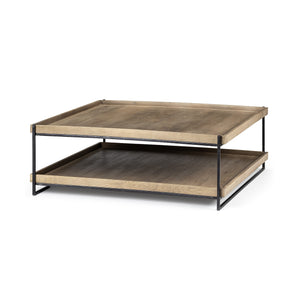 Mesa superior rectangular de madera maciza y mesa de centro de dos niveles con marco de metal negro
