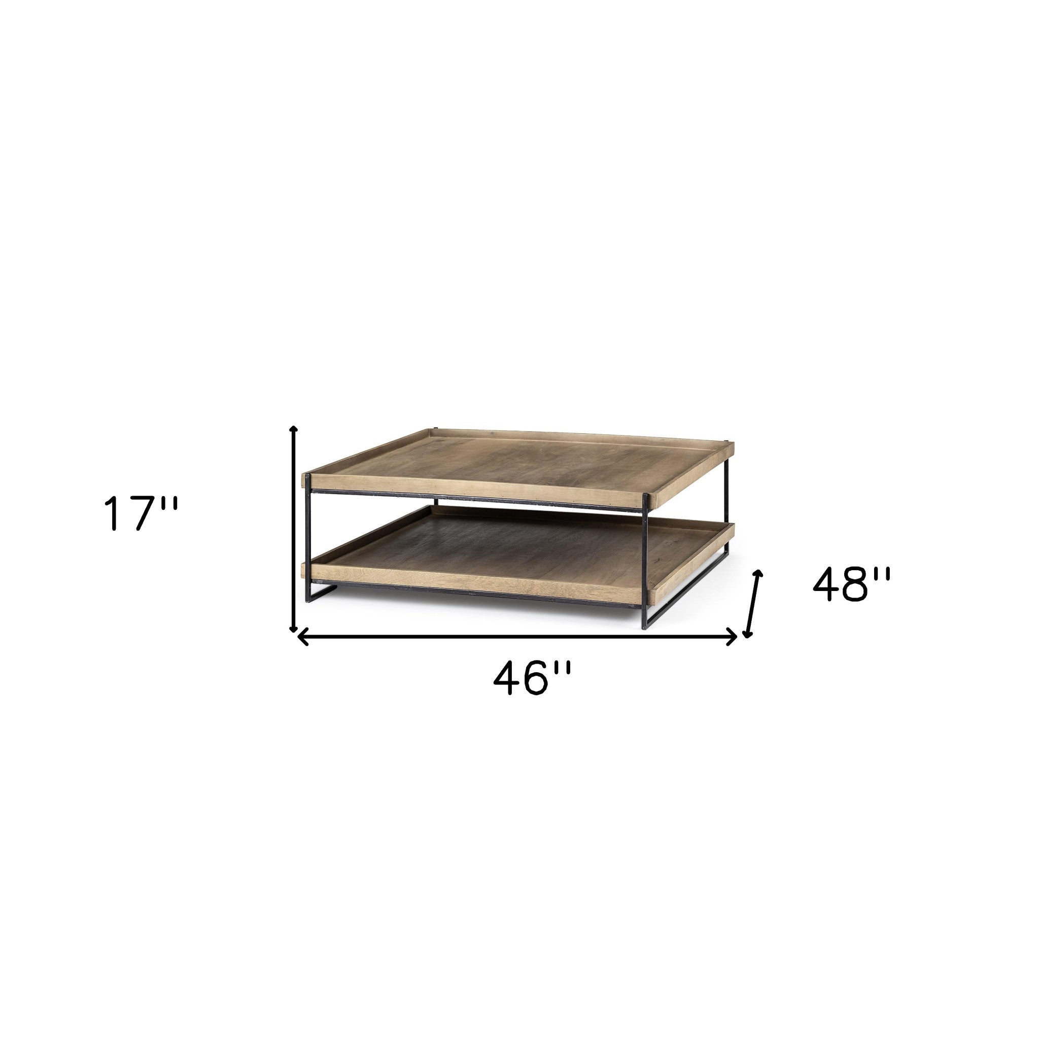 Mesa superior rectangular de madera maciza y mesa de centro de dos niveles con marco de metal negro