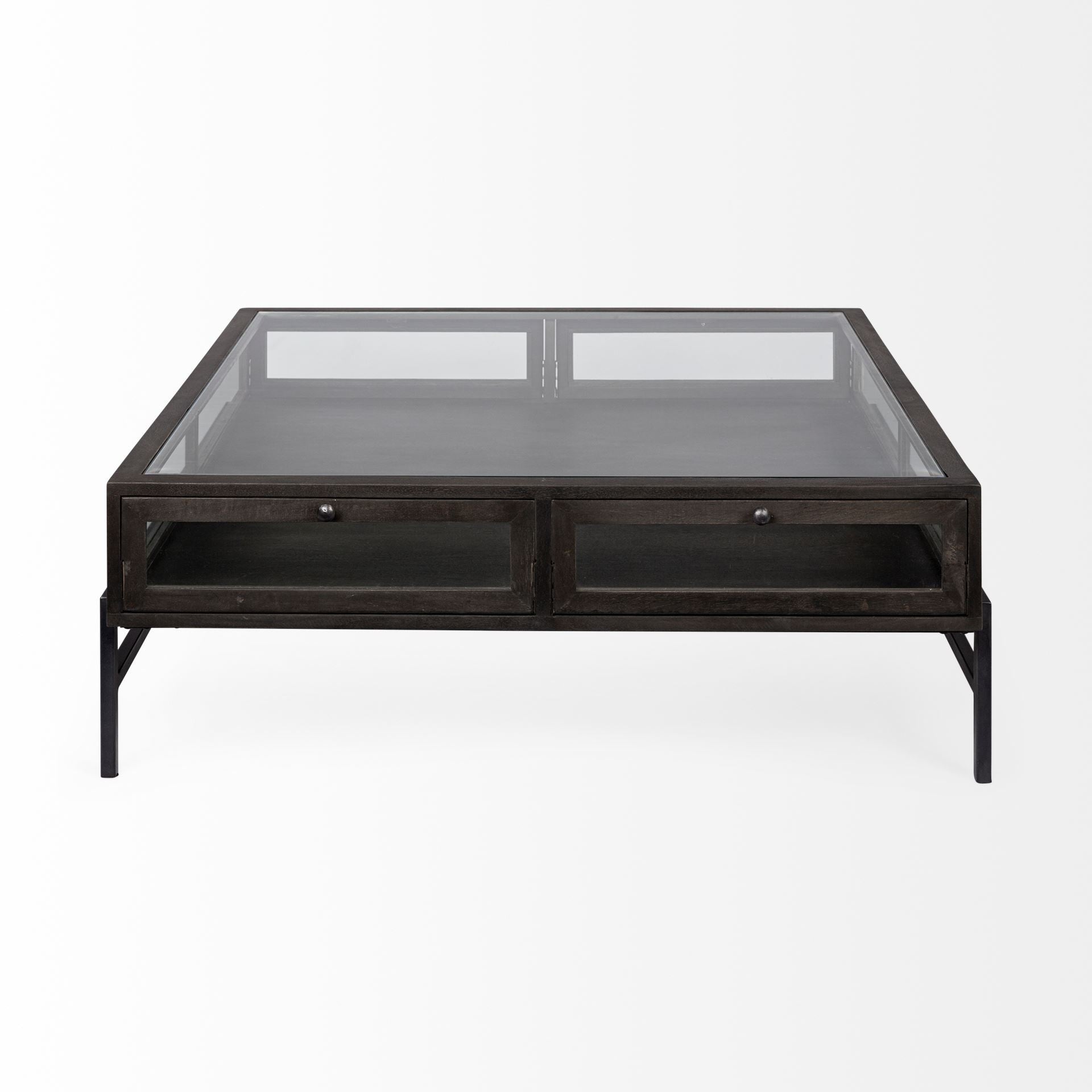 Square Glass Top Wood And Black Metal Base Display Coffee Table W 2 Drawers