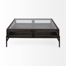 Square Glass Top Wood And Black Metal Base Display Coffee Table W 2 Drawers