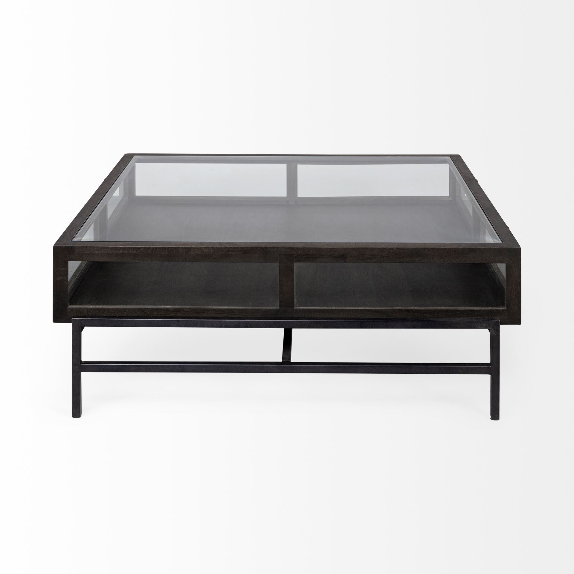 Square Glass Top Wood And Black Metal Base Display Coffee Table W 2 Drawers