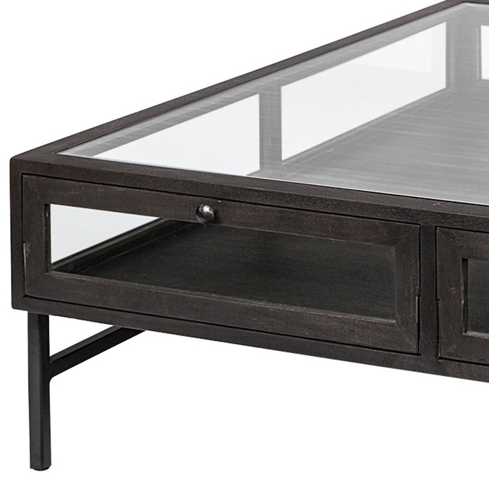 Square Glass Top Wood And Black Metal Base Display Coffee Table W 2 Drawers