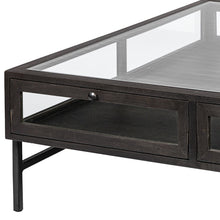 Square Glass Top Wood And Black Metal Base Display Coffee Table W 2 Drawers