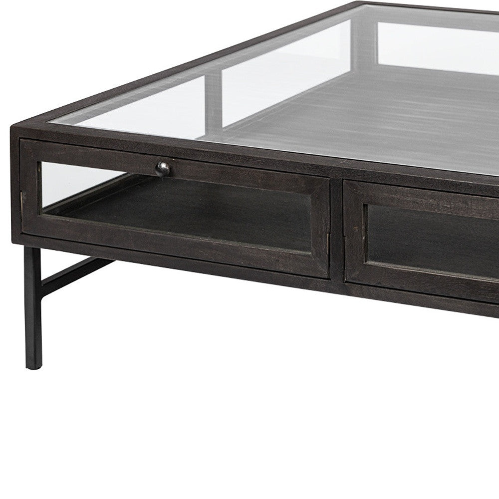 Square Glass Top Wood And Black Metal Base Display Coffee Table W 2 Drawers