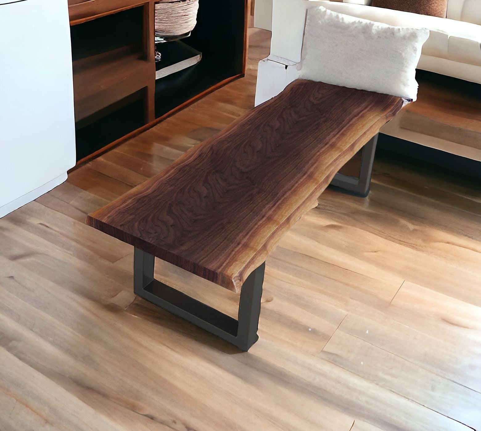 Modern Live Edge Wood And Acacia Wood Dining Bench With Black Metal U Shaped Legs