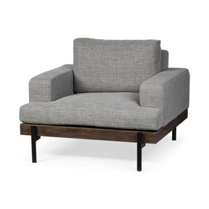 灰色織物包裹座椅寬口椅，帶木鐵框架