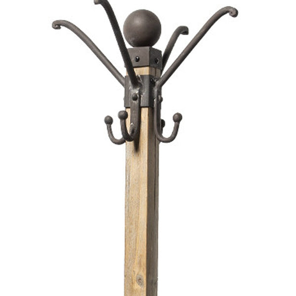 Black Metal And Wooden Coat Rack With Multiple Hooks