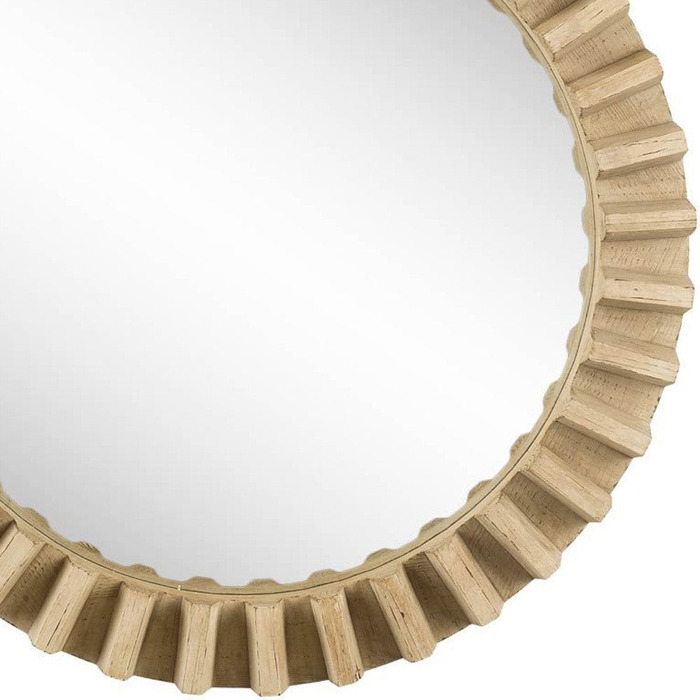 35" Round Natural Brown Wood Frame Wall Mirror