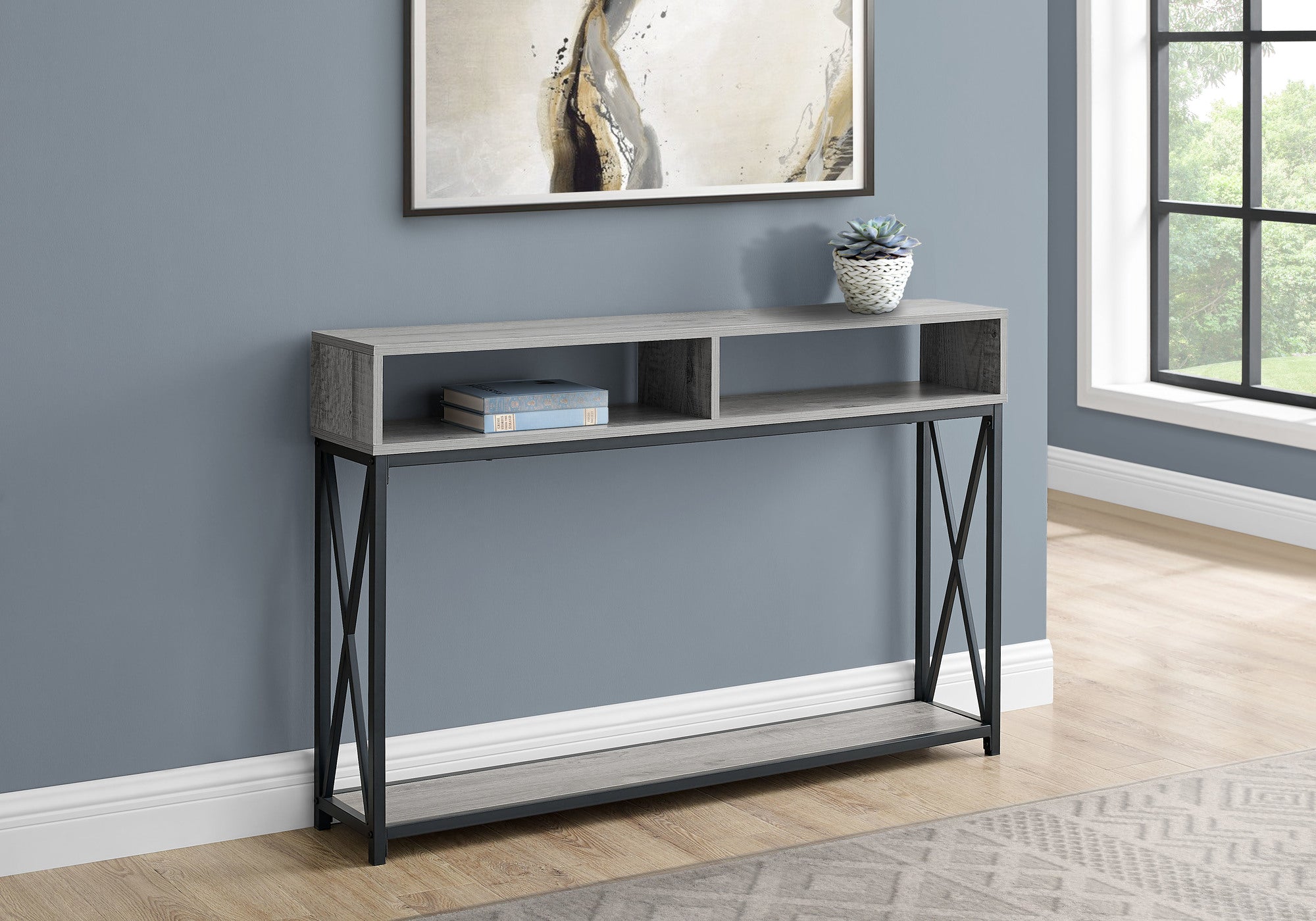 48" Rectangular Greywithblack Metal Hall Console With 2 Shelves Accent Table
