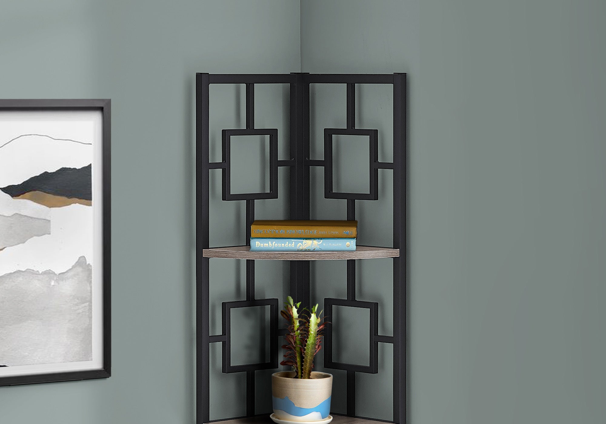 62" Dark Taupe And Black Metal Corner Bookcase With 4 Shelves