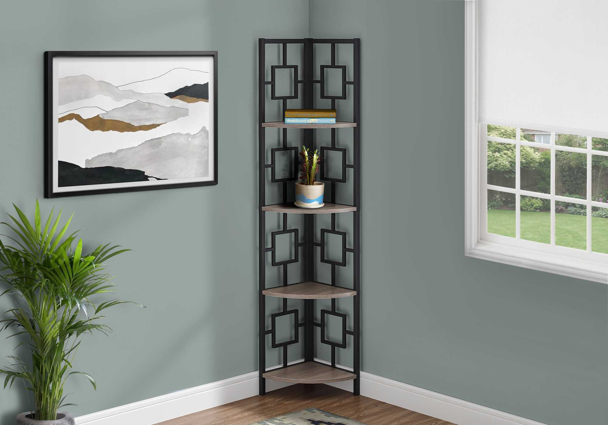 62" Dark Taupe And Black Metal Corner Bookcase With 4 Shelves