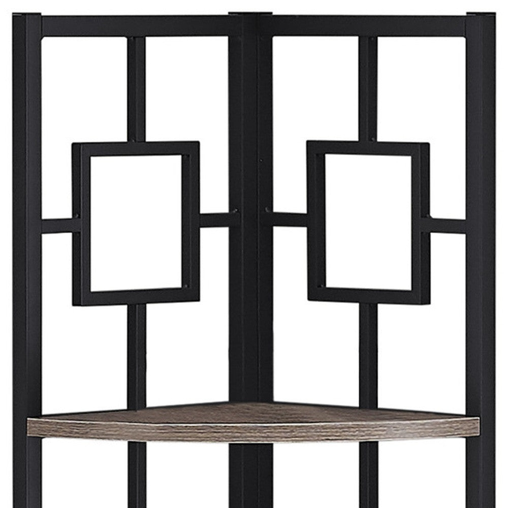 62" Dark Taupe And Black Metal Corner Bookcase With 4 Shelves