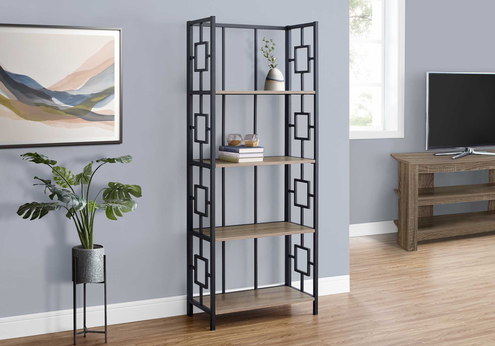 62" 4 Tier Bookcase Dark Taupewithblack Metal Etagere