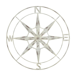 Nautical Compass Metal Wall Decor With Distressed White Finish