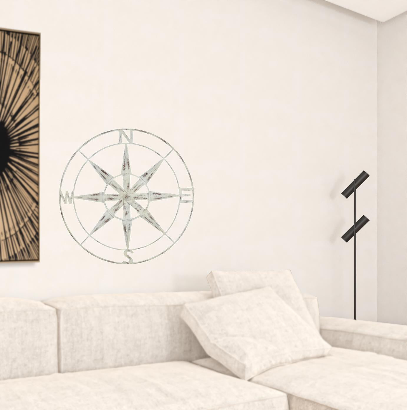 Nautical Compass Metal Wall Decor With Distressed White Finish