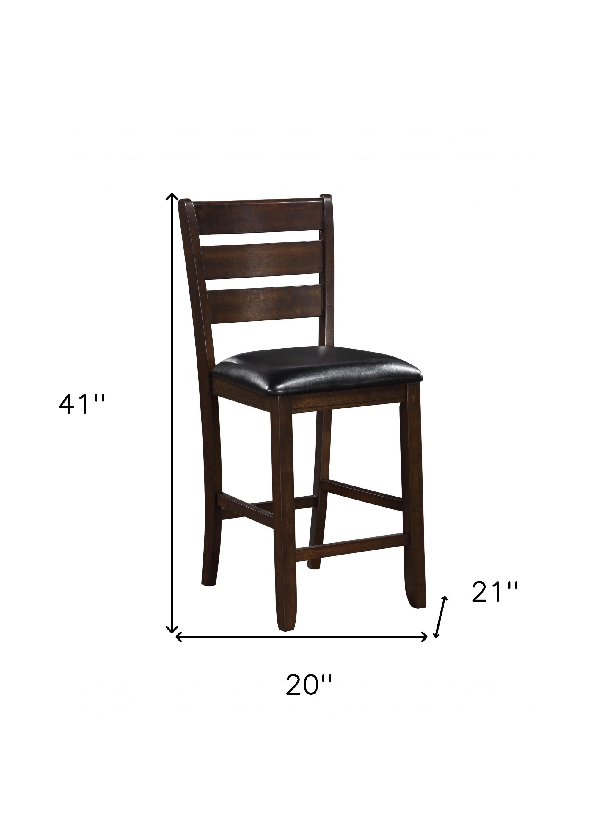 Set Of 2 41" Dark Wood Finish And Black Faux Leather Ladder Back Counter Height Chairs