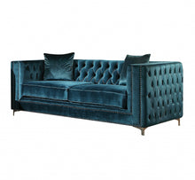 Dark Teal Velvet Loveseat With 2 Pillows