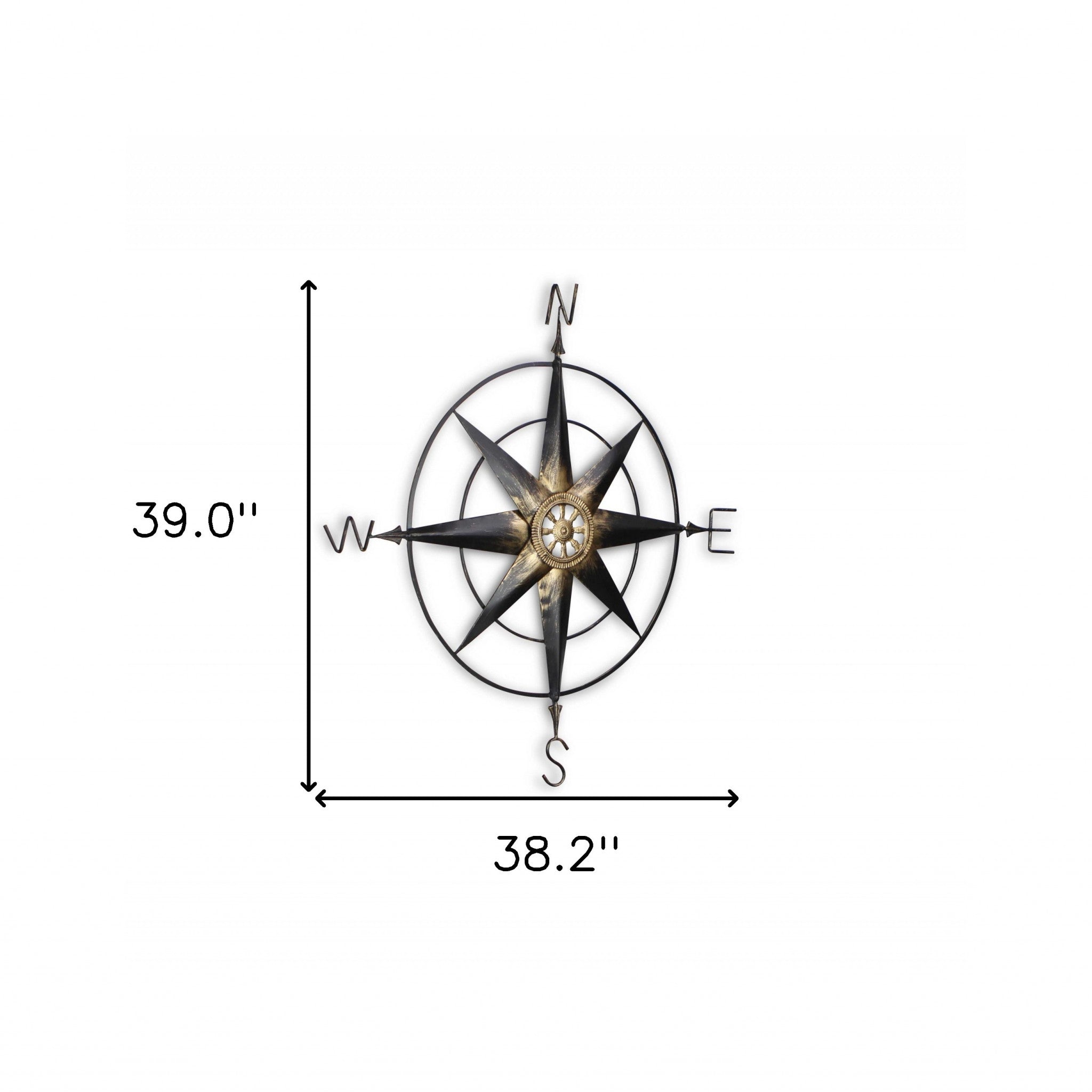 Black Metal Wall Decor Compass With Gold Center Accents