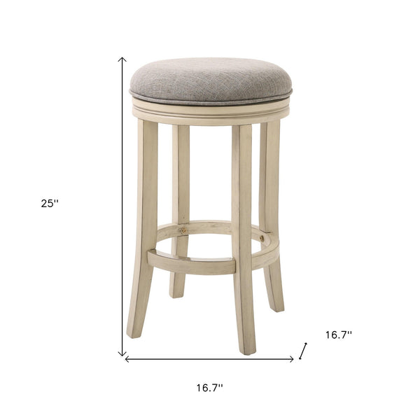 Bar Height Round Swivel Solid Wood Stool In Distressed Ivory Finished With Quartz Fabric