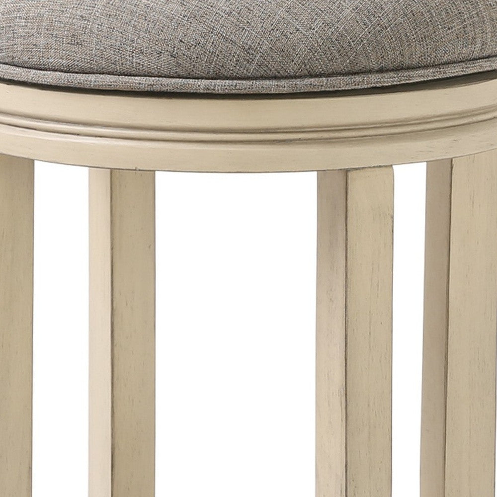 Bar Height Round Swivel Solid Wood Stool In Distressed Ivory Finished With Quartz Fabric