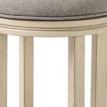 Bar Height Round Swivel Solid Wood Stool In Distressed Ivory Finished With Quartz Fabric