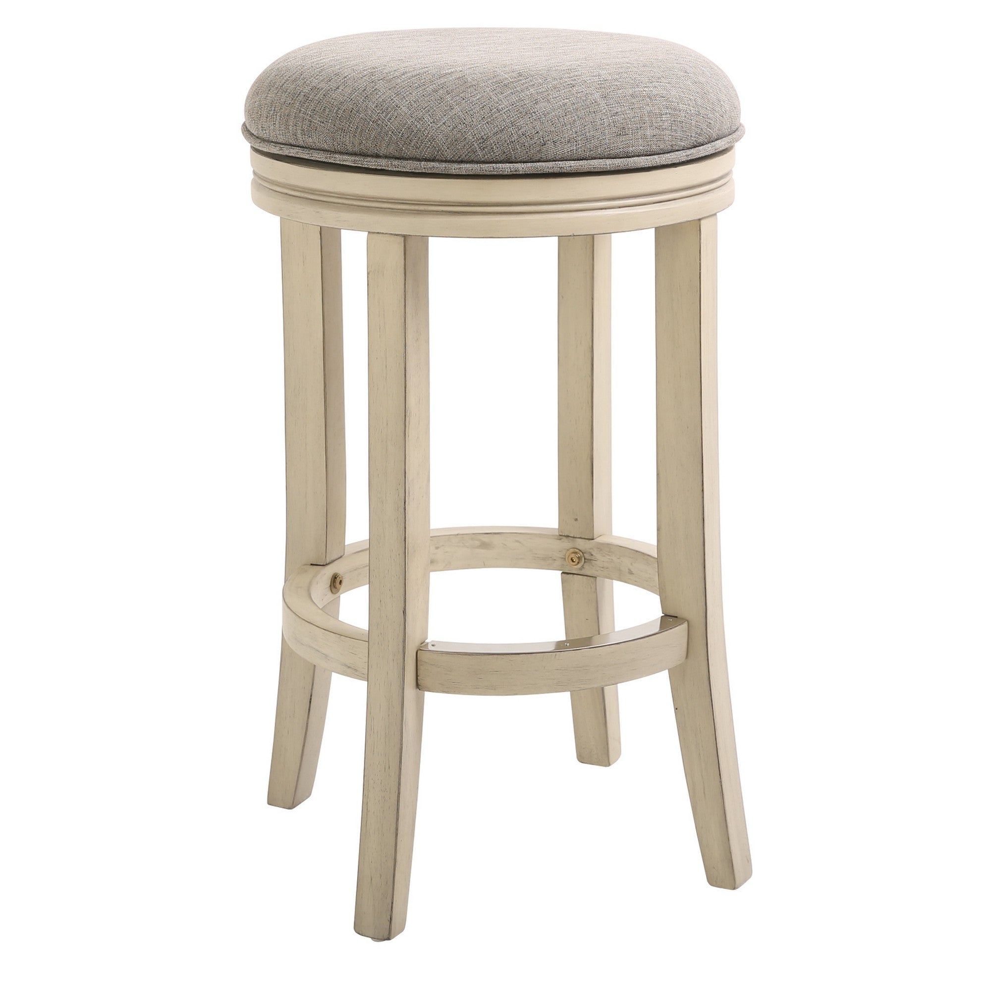 Bar Height Round Swivel Solid Wood Stool In Distressed Ivory Finished With Quartz Fabric