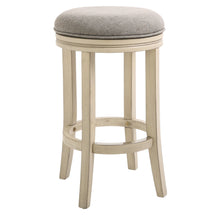 Bar Height Round Swivel Solid Wood Stool In Distressed Ivory Finished With Quartz Fabric