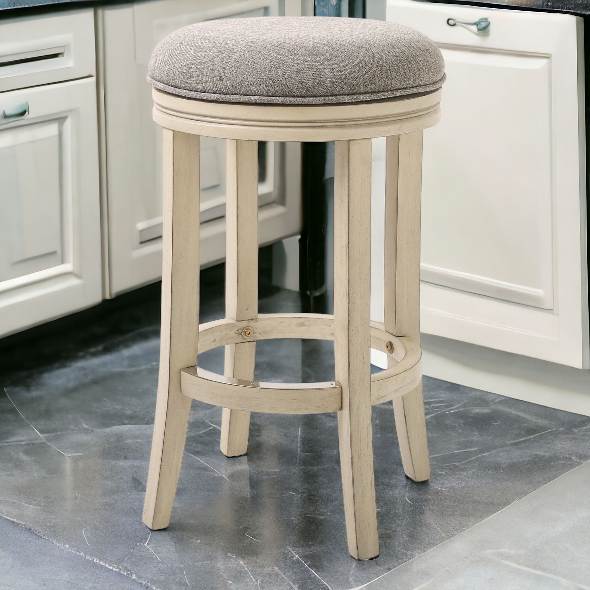Bar Height Round Swivel Solid Wood Stool In Distressed Ivory Finished With Quartz Fabric
