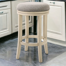 Bar Height Round Swivel Solid Wood Stool In Distressed Ivory Finished With Quartz Fabric