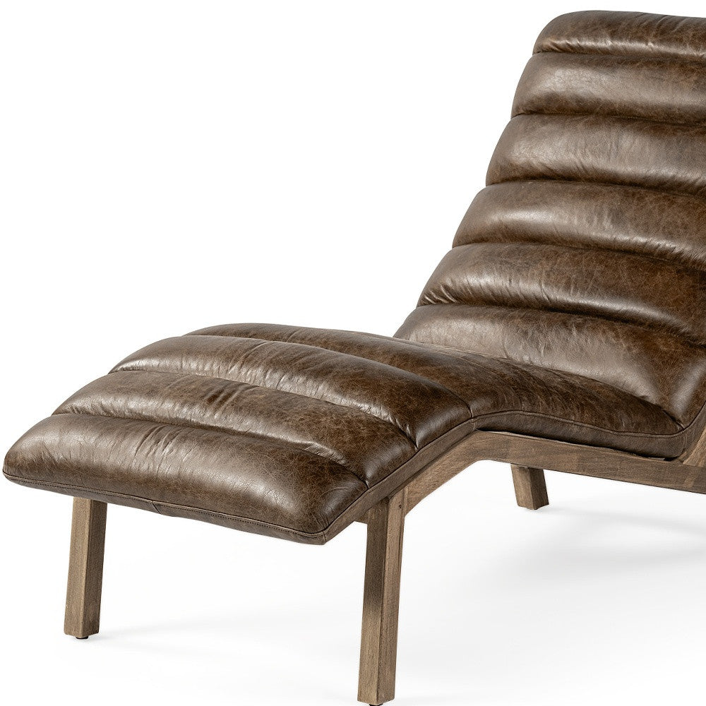 Modern Brown Genuine Leather Chaise Lounge Chair With Solid Wood Frame And Base