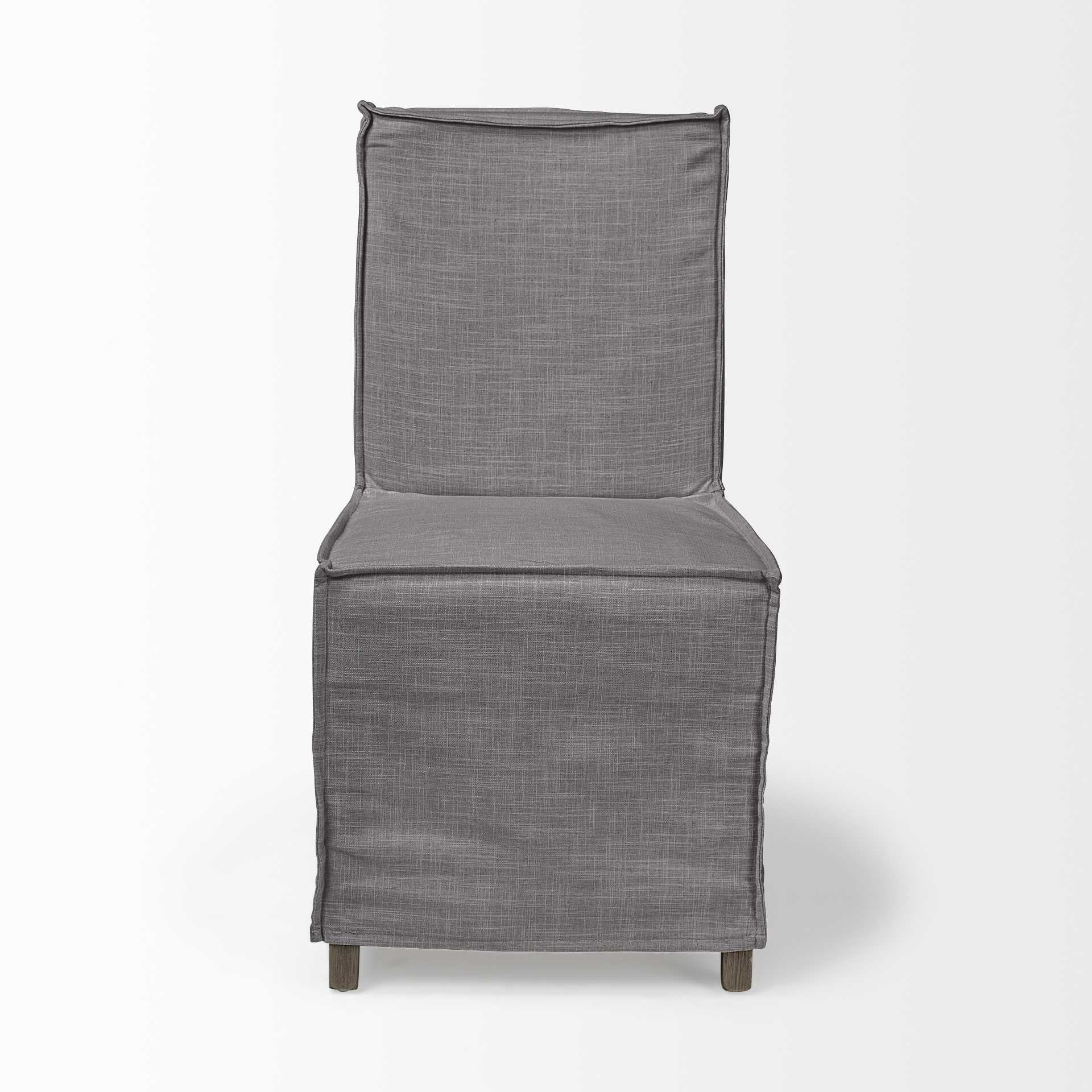 Grey Fabric Slip Cover With Brown Wooden Base Dining Chair