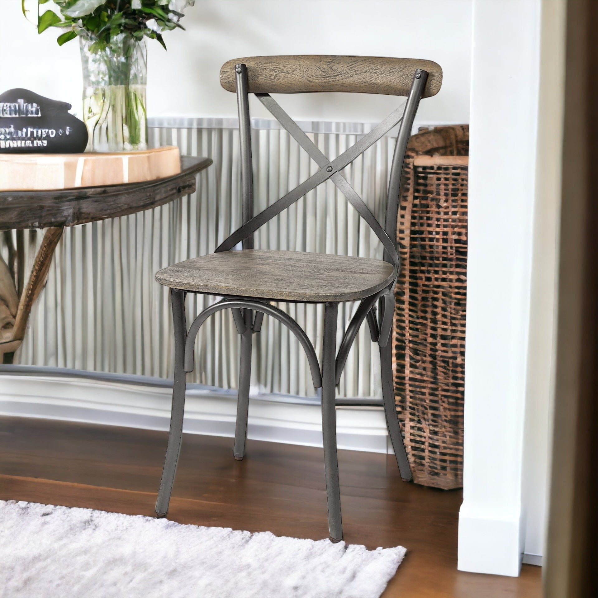 Brown Solid Wood Seat With Grey Iron Frame Dining Chair