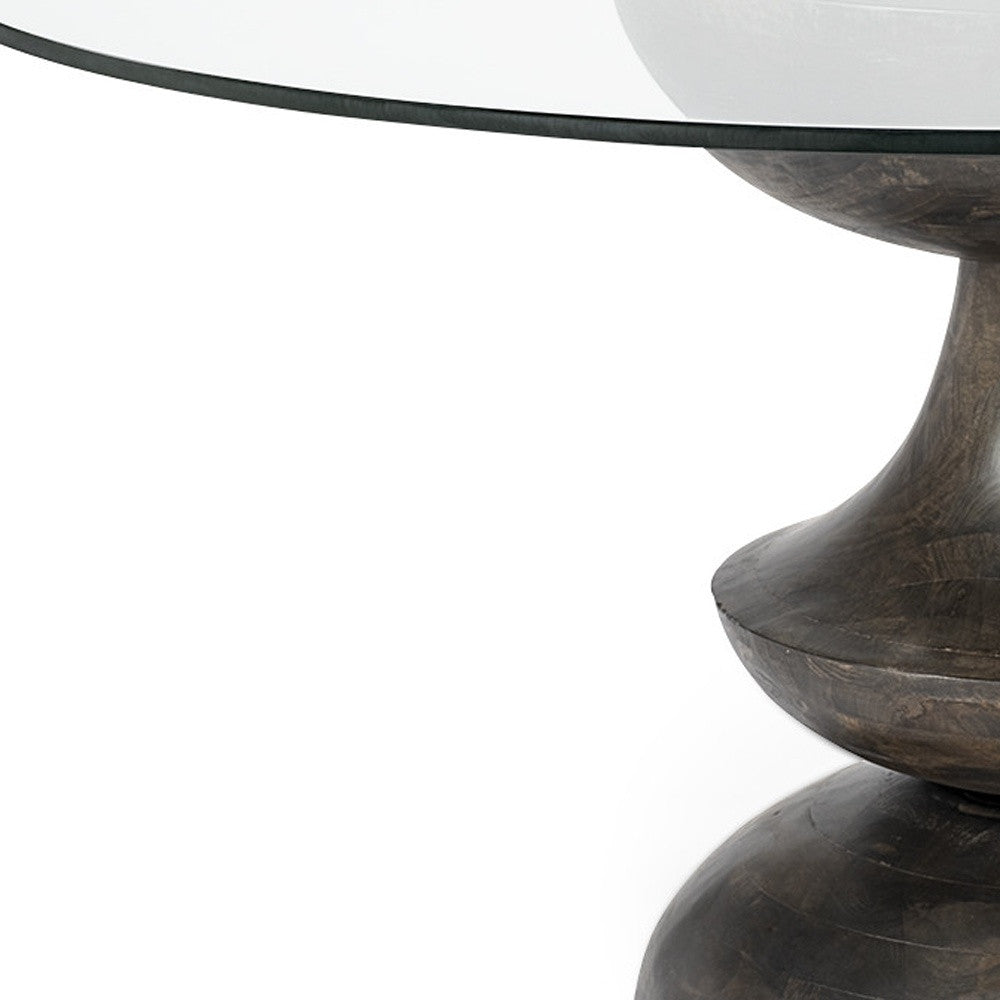 60" Round Glass Top Brown Wood With Pedestal Base Dining Table