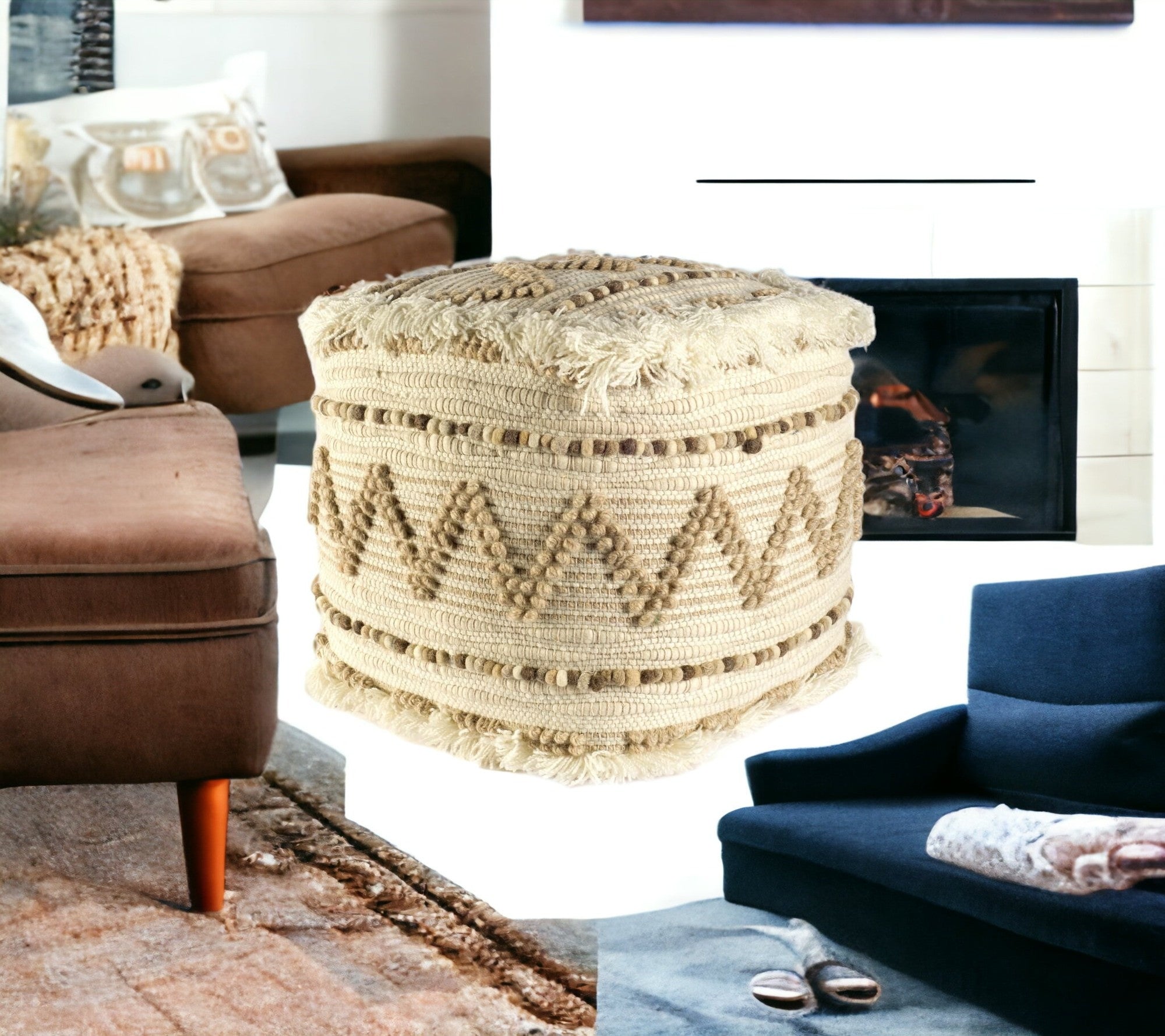 米色和棕色羊毛方形坐墊凳，棉質和毛氈爆米花縫線