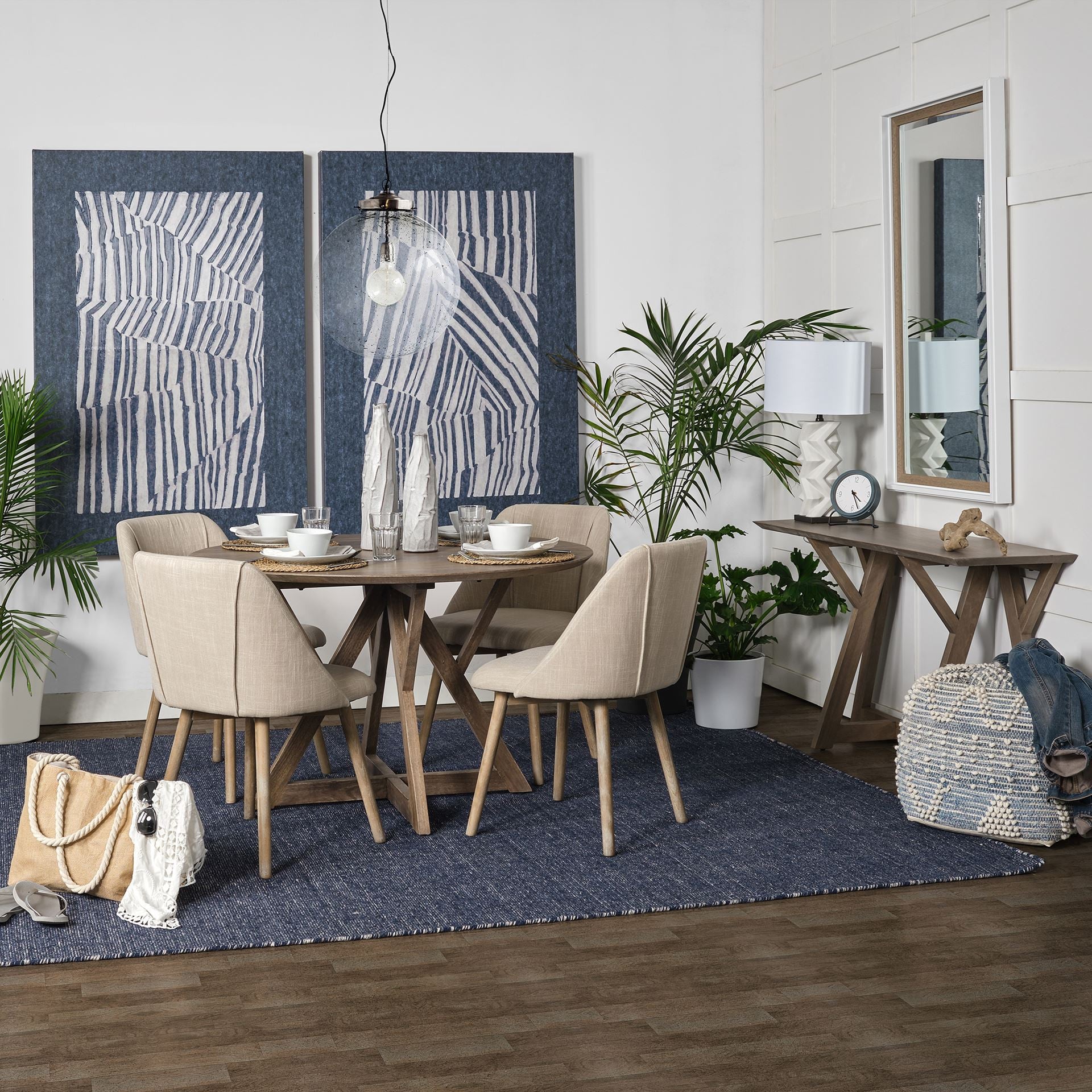 Puf Cuadrado Denim Azul Y Marfil Con Cosido De Algodón