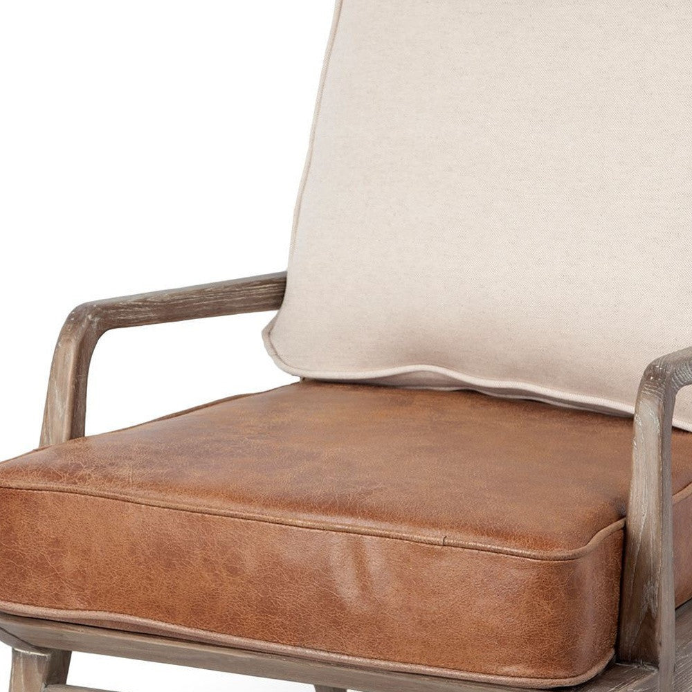 Brown Leather Seat Accent Chair With Off White Fabric