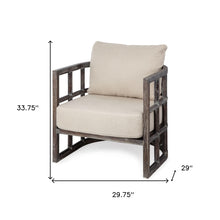 Cream Fabric Covered Cushioned Demi Lune Accent Chair With Wooden Frame