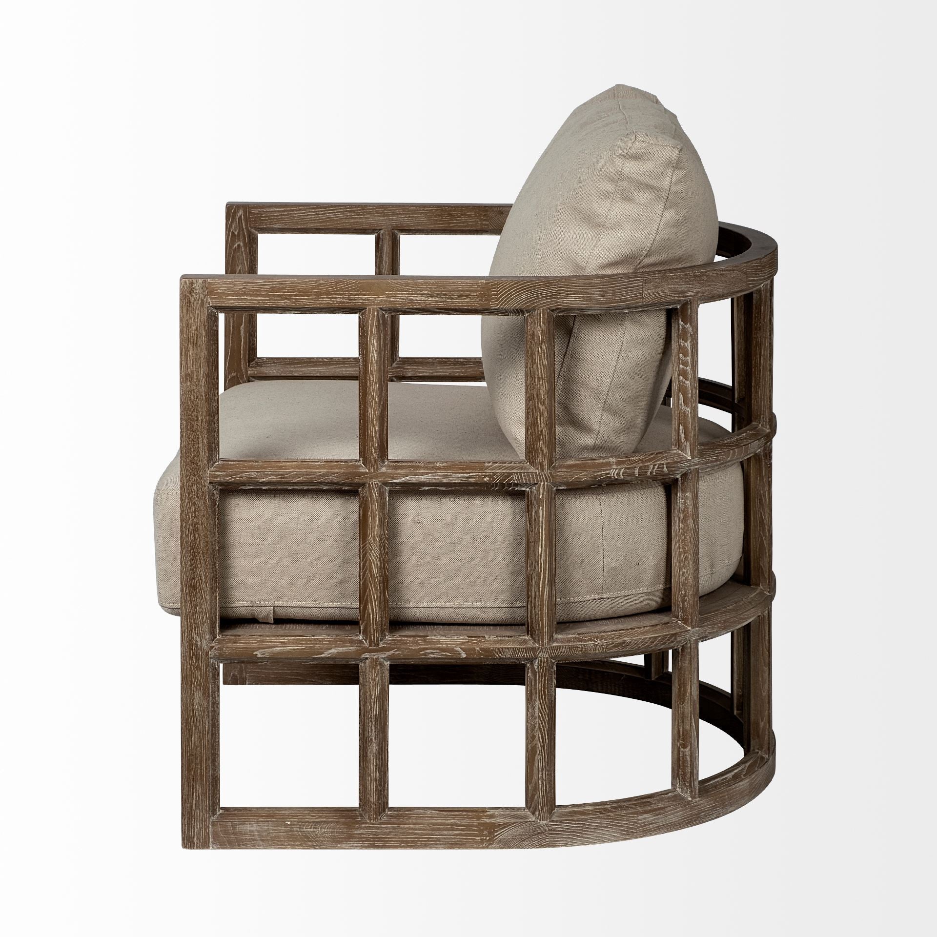 棕褐色織物覆蓋軟墊半月形椅子帶木框