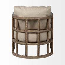 棕褐色織物覆蓋軟墊半月形椅子帶木框