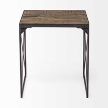 Medium Brown Wood Side Table With Square Top And Iron Cross Braced