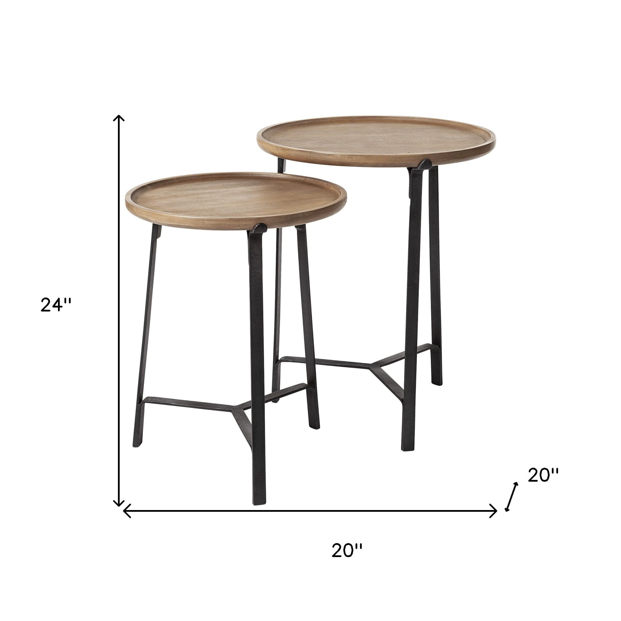 Set Of 2 Round Brown Solid Wood Iron Base Nesting Side Tables