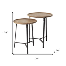 Set Of 2 Round Brown Solid Wood Iron Base Nesting Side Tables