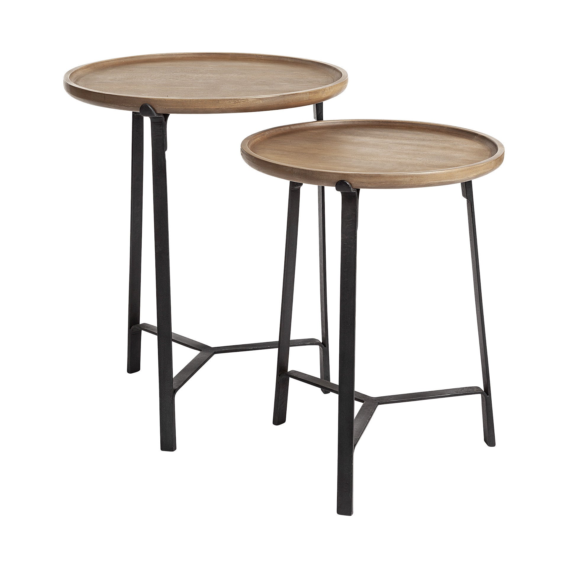 Set Of 2 Round Brown Solid Wood Iron Base Nesting Side Tables